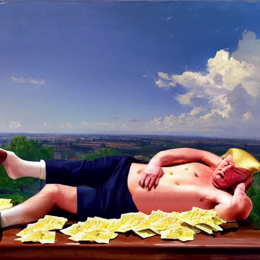 Image similar to donald trump reclining on a mound of cheeseburger wrappers, highly detailed, sharp focus, matte painting, by isaac levitan and asher brown durand,