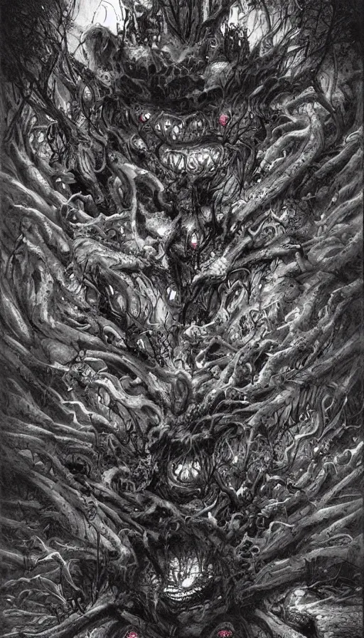 Image similar to a storm vortex made of many demonic eyes and teeth over a forest, by yoshitaka amano,