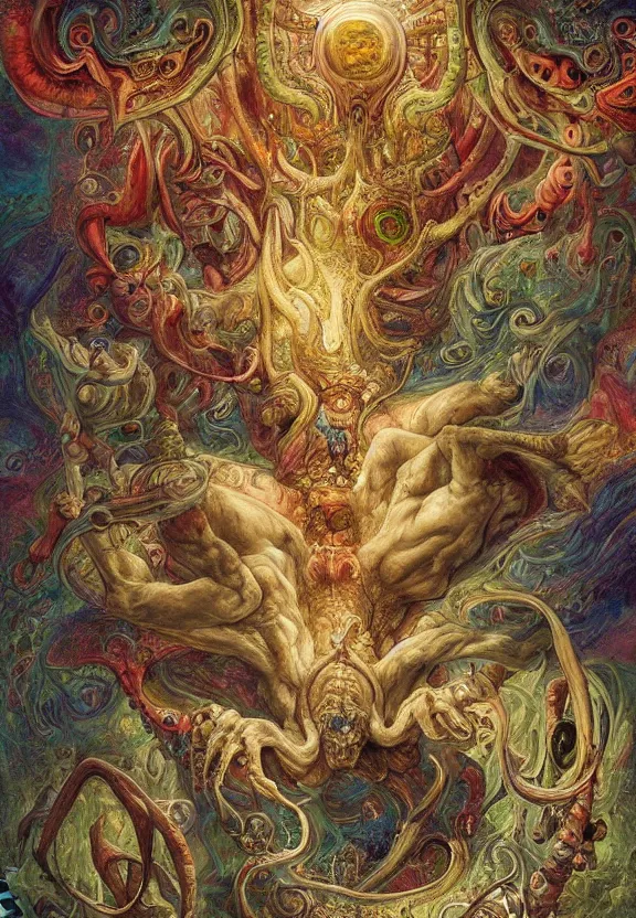 Image similar to simplicity, colorful muscular eldritch demons radiating town fractal, mandala, white bones, colorful gems, by h. r. giger and esao andrews and maria sibylla merian eugene delacroix, gustave dore, thomas moran, pop art, chiaroscuro, biopunk, art nouveau