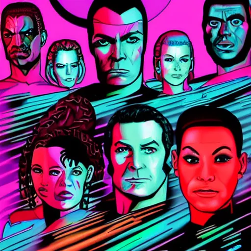 Image similar to Star Trek the next generation crew portrait, cyberpunk, synthwave, highly detailed