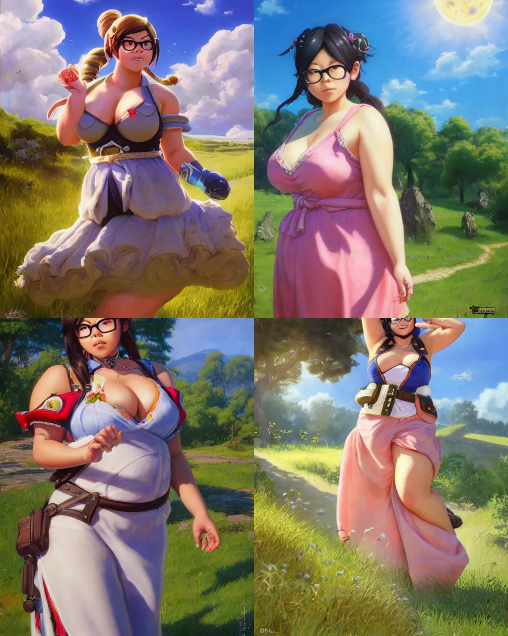 Prompt: portrait, mei from overwatch wearing a beautiful summer dress in the countryside, by greg staples and jeff easley, chubby and plump, beautiful scene, hyperrealistic, intricate, summer day, sunlight, cheerful, soft lighting, detailed