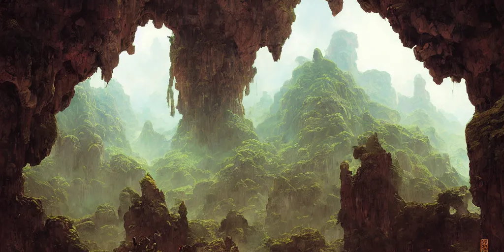 Image similar to huge cave ceiling towns, villages castles buildings bytopia planescape clouds made of green earth inverted upsidedown mountain surreal dreamlike inception artstation illustration sharp focus sunlit vista painted by ruan jia raymond swanland lawrence alma tadema zdzislaw beksinski norman rockwell tom lovell alex malveda greg staples