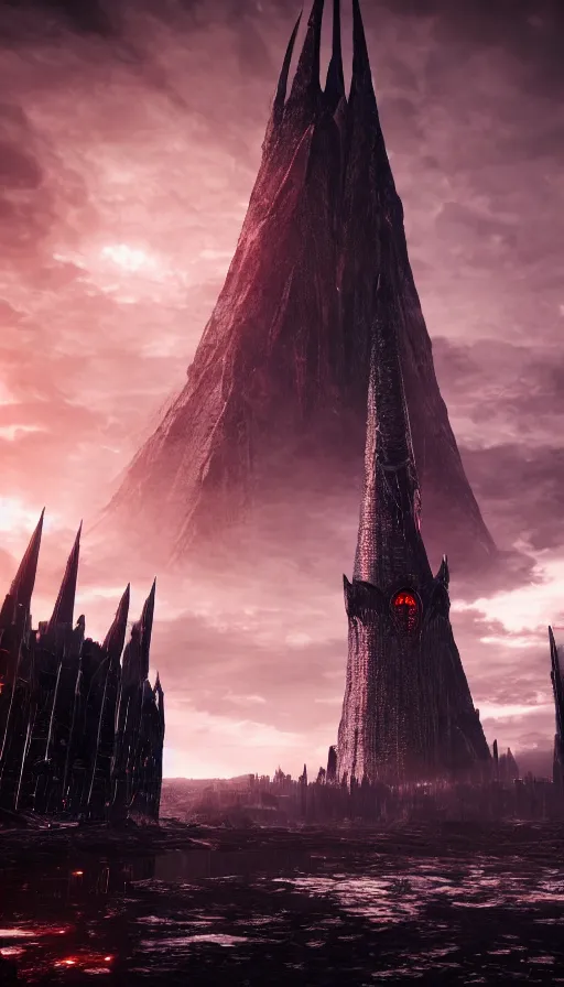 Image similar to Black and evil tower Barad-dûr, fortress of Sauron in Mordor, ultra detailed, octane render, super realistic, unreal engine 5, atmospheric lighting