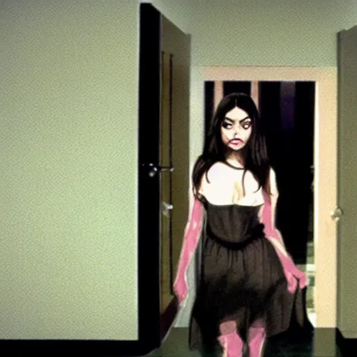 Prompt: Mila Kunis looks to her right at a door leaking black ink onto the floor by Junji Ito