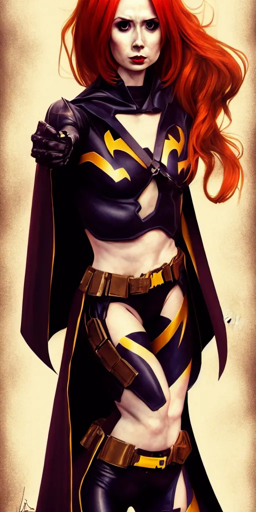 Image similar to Karen Gillan Batgirl, redhead, full body Batgirl torn costume with cape, no mask, bruised, symmetrical face symmetrical eyes, fight pose, illustration, artstation, cinematic lighting, hyperdetailed, cgsociety, 8k, high resolution, Charlie Bowater, Tom Bagshaw, Norman Rockwell, insanely detailed and intricate