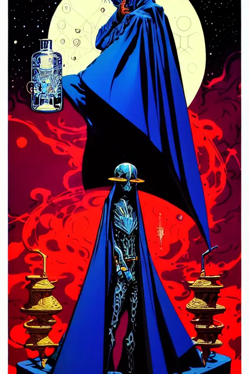 Image similar to side view of a majestic alchemist wizard in a cloak holding a magic potion, high details, bold line art, by vincent di fate and joe fenton, inking, etching, screen print, masterpiece, trending on artstation, sharp, high contrast, hyper - detailed,, hd, 4 k, 8 k