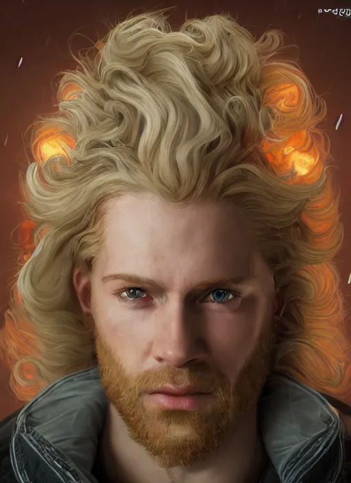 Prompt: An epic fantastic realism comic book style portrait painting of Lucius the most beautiful man in the universe, long fluffy blond curls of hair, porcelain pale skin, flowers rain everywhere, fisheye lens, Apex Legends Concept Art, porcelain, unreal 5, DAZ, hyperrealistic, octane render, cosplay, RPG portrait, dynamic lighting