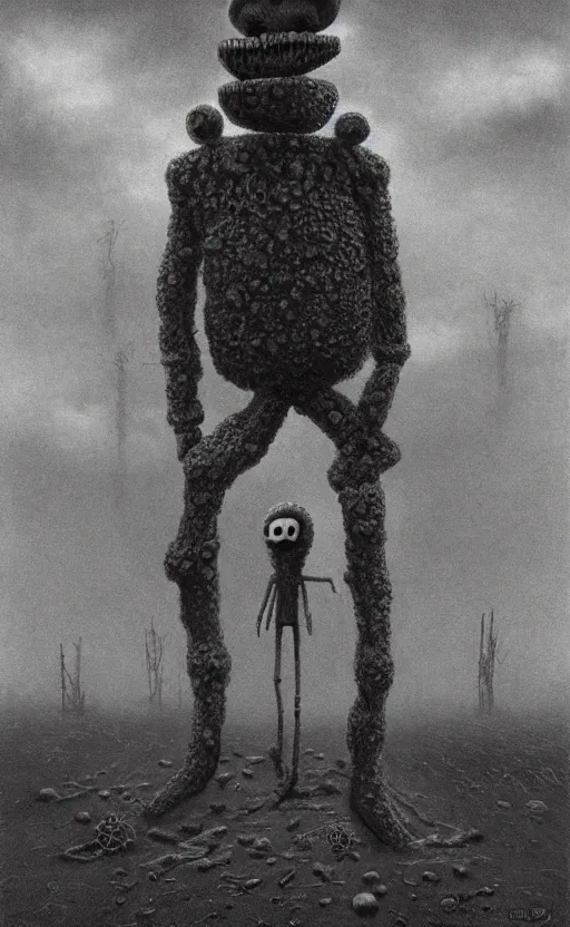 Image similar to spongebob squarepants in style of zdzisław beksinski, standing in wasteland, horror art, creepy, desolate