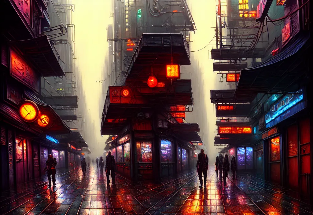 Image similar to a highly detailed rainy bazaar street in a cyberpunk megacity, amazing cyberpunk digital painting, by gerald brom, brom digital art, intricate details, ultra realistic, beautiful art, volumetric lighting, ultrarealistic, by art germ, by brom, trending cgsociety, artstation, bladerunner theme, by anato finnstark 8 k