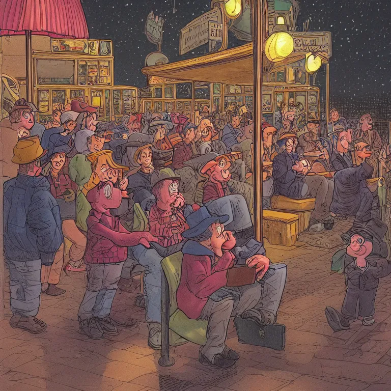 Image similar to some people waiting in bus stop in quiet dark city night, detailed, high quality, high resolution, color illustration by don rosa