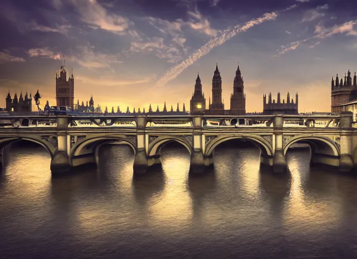 Image similar to beautiful london bridge in england, 8 k, matte painting, in the style of artist, ann stokes