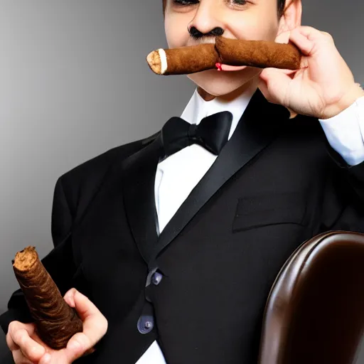 Image similar to black cat smoking cigar and wearing suit.