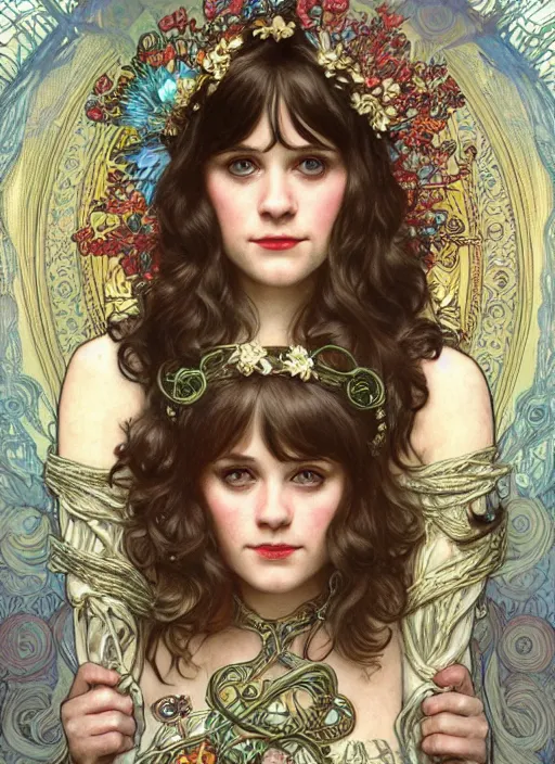 Image similar to Zooey Deschanel as God of Innocence, cute, fantasy, intricate, elegant, highly detailed, digital painting, 4k, HDR, concept art, smooth, sharp focus, illustration, art by alphonse mucha,artgerm, H R Giger