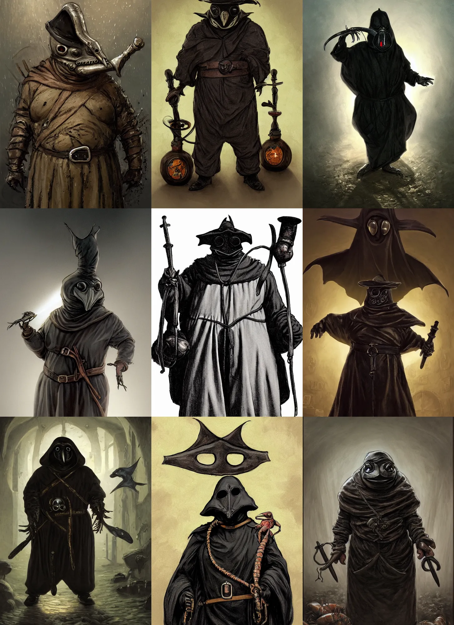 Prompt: a portrait, a chubby amphibious humanoid wearing a pointy bird style black plague doctor mask, short in stature, wearing black medieval robes, medical doctor, small vials and pouches attached to belt, pointy mask, lobster hands, style by donato giancola, wayne reynolds, jeff easley dramatic light, high detail, cinematic lighting, artstation, dungeons and dragons