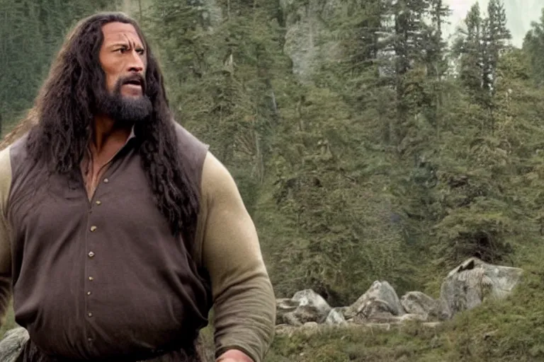 Image similar to film still of Dwayne Johnson as Hagrid in his cabin in Harry Potter movie 2001, 4k