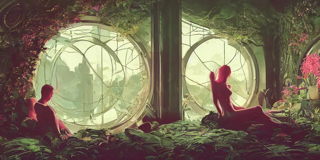 Image similar to illustrated figures relaxing in 90s interior with organic circular windows, natural starlight, bright colors, romantic greenery, flowers, cinematic, cyberpunk, smooth, chrome, lofi, nebula, calming, dramatic, fantasy, by Moebius, by zdzisław beksiński, fantasy LUT, studio ghibli, high contrast, epic composition, sci-fi, dreamlike, surreal, angelic, 8k, unreal engine, hyper realistic, fantasy concept art,