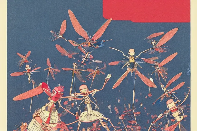 Image similar to gigantic dragonflies with human faces catch tiny robots, a lot of exotic mechas robots around, human heads everywhere, risograph by kawase hasui, dirtyrobot, edward hopper, satoshi kon and moebius, colorful flat surreal design, super - detailed, a lot of tiny details, fullshot