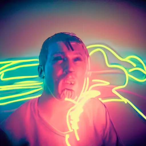 Prompt: portrait of man having an orgasm eyes close, colorized neon lights, explosion of light, hyperealistic detailed photography polaroid, 5 0 mm lens, motion blur, grainy image