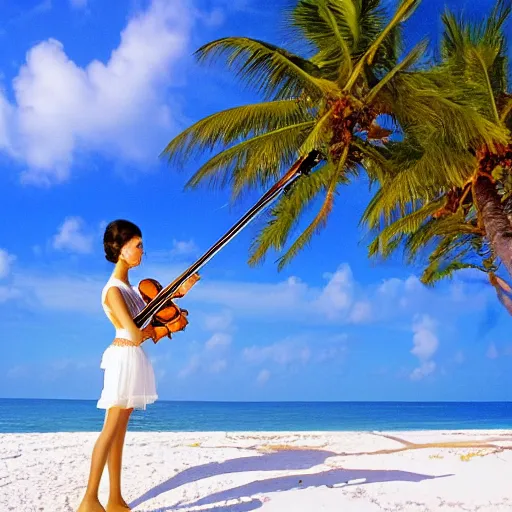 Image similar to violinist on the beach white sand blue sky tropical palm trees wallpaper 8 k instagram photography travel viral by annie leibovitz