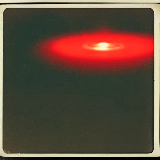 Prompt: aged polaroid photo of a UFO sighting, firing lasers at the earth, wide view, film grain, red color bleed