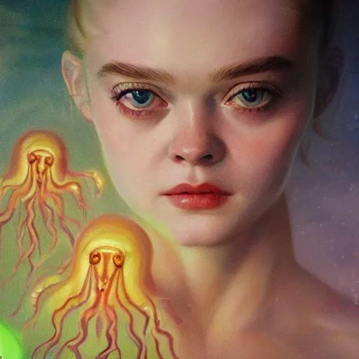 Prompt: ultra realistic portrait painting of elle fanning in prey surrounded by bioluminescent jellyfish, art by frank frazetta, 4 k, ultra realistic, highly detailed, epic lighting