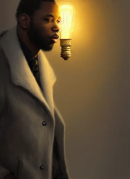 Prompt: portrait of handsome black man wearing grey peacoat, baroque lightbulb idea, middle aged and fit, elegant atmosphere, glowing lights, highly detailed, digital painting, artstation, concept art, smooth, sharp focus, illustration, art by wlop, mars ravelo and greg rutkowski