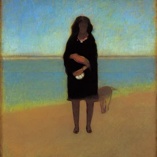 Image similar to a woman and her black and brown chihuahua by the sea by odilon redon