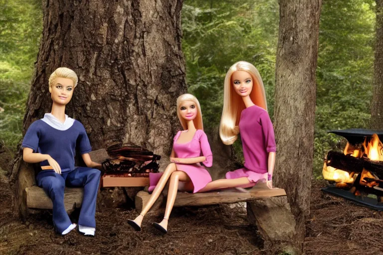 Prompt: Barbie and Ken sitting in the forest near the fireplace, Ken's face is melting, night, high-resolution photo,