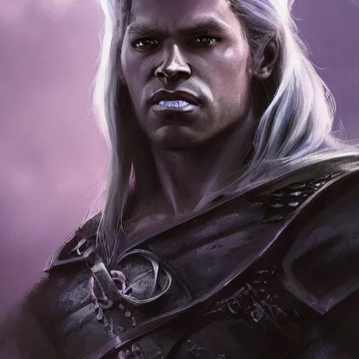 Image similar to closeup portrait drizzt do'urden, black skin, drow, lavender eyes, dungeons and dragons character, castle background, gorgeous view, realistic, high detail, digital art, painted by greg rutkowski, painted by jeremy mann, trending on artstation