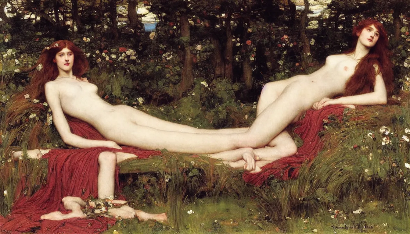 Prompt: A striking Pre-Raphaelite muse at leisure by John Collier, by John William Waterhouse, John Everett Millais