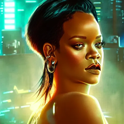 Image similar to portrait of rihanna as a cyborg in a futuristic city, surrounded by neon lights, cinematic, fantasy