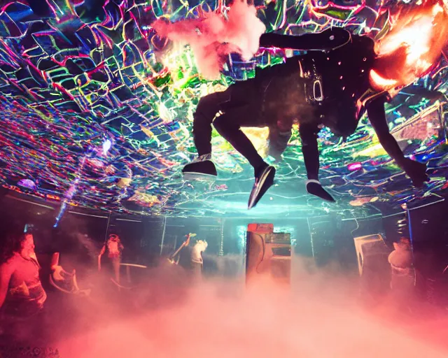 Image similar to Jumping Rumpelstilzchen smashing computers, group of people on stage playing instruments, aquatic stage effects, dust, smoke, giant LED screens, colored projections, ultrafine detail, cybersuit, smoke, high contrast, projections, holography, dimmed lighting, cinematography by Jim Jarmusch