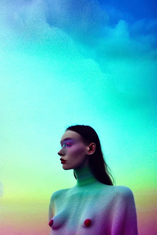 Image similar to high quality pastel coloured film close up wide angle photograph of a model wearing clothing swimming on cloud furniture in a icelandic black rock!! environment in a partially haze filled dreamstate world. three point light, rainbow. photographic production. art directed. pastel colours. volumetric clouds. pastel gradient overlay. waves glitch artefacts. extreme facial clarity. 8 k. filmic.