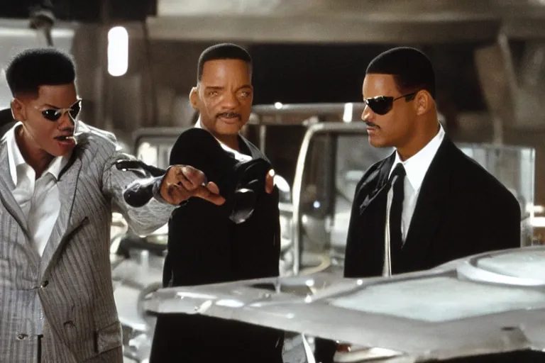 Prompt: michael jackson and will smith pointing the neuralyzer at men in black 3 iii