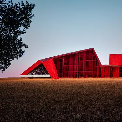 Prompt: a parametric deconstructivism architecture farmhouse made of ethereal red thread and webs. the farmhouse stands in an rural american landscape with fields of wheat. designed by zaha hadid, foggy at dawn, wide camera angle