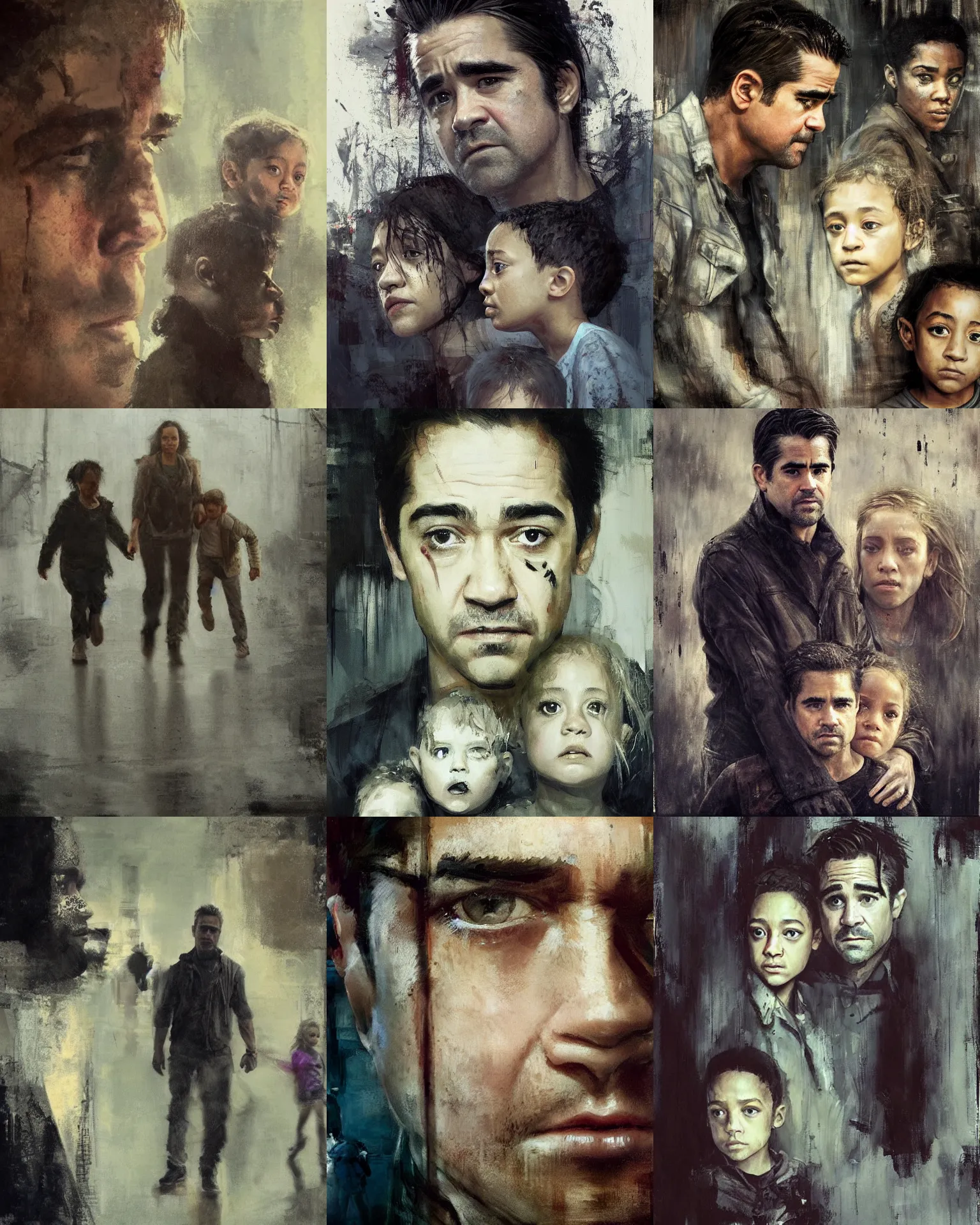 Prompt: family, colin farrell and ruth negga and kids on the run, detailed face, highly detailed, by jeremy mann