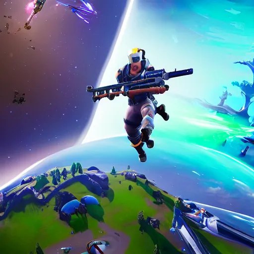 Image similar to playing the videogame fortnite in another dimension in outspace and winning fortnite battle royale victory, futuristic, sci - fi, dreamy, auoracore, y 2 k, time travel, hd, digital art, trending on artstation,