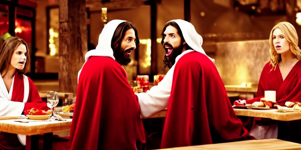 Image similar to jesus christ in a robe and red scarf, in a restaurant, on a date with a beautiful woman, yelling at a young blonde haired waiter