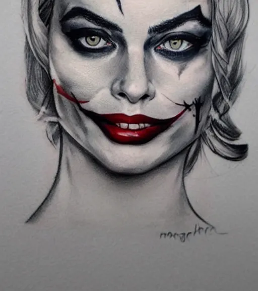 Image similar to tattoo design sketch of beautiful margot robbie with joker makeup and holding an ace card, in the style of den yakovlev, realistic face, black and white, realism tattoo, hyper realistic, highly detailed