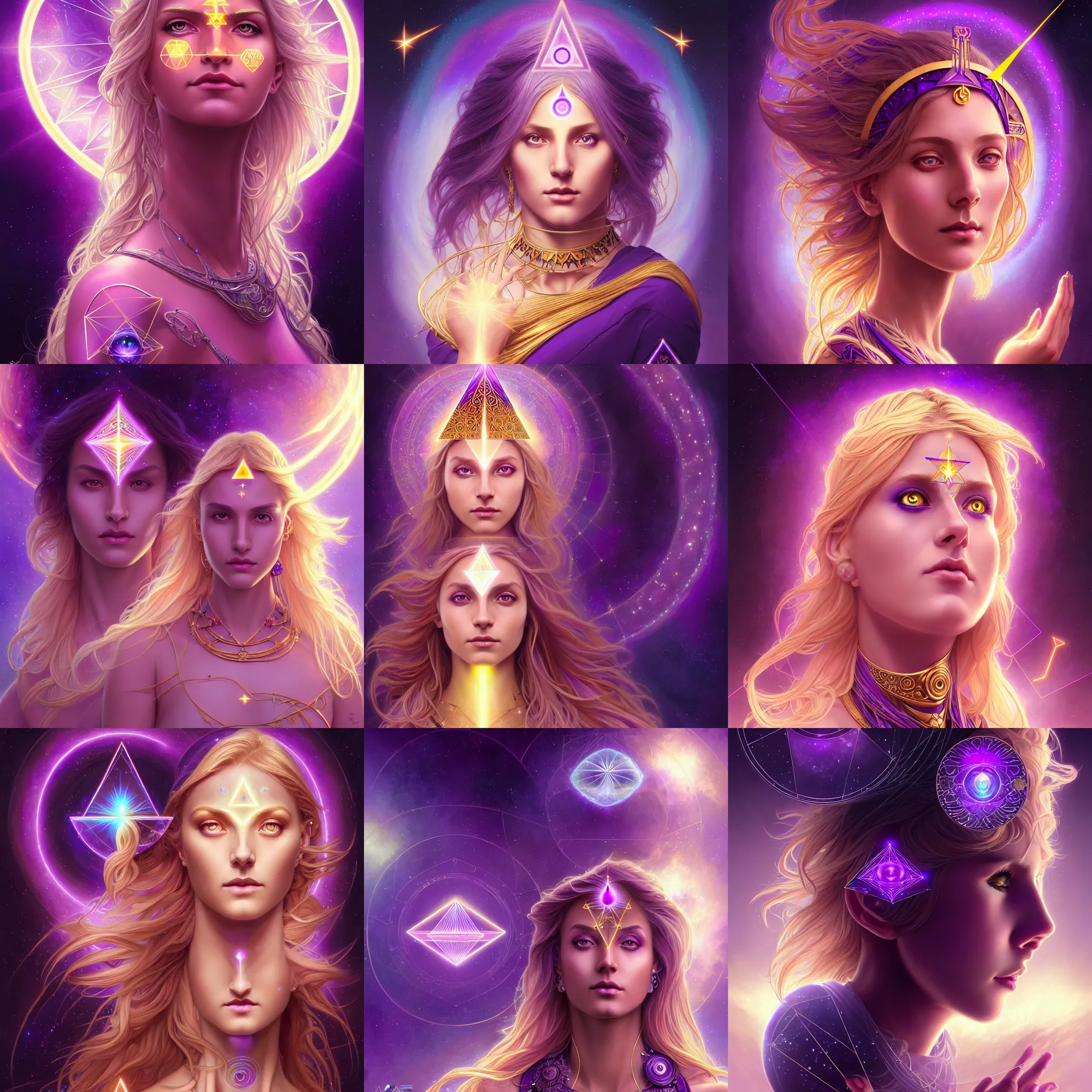 Prompt: photorealistic gallent goddess with glowing purple third eye chakra and golden hair, geometric third eye triangle, sci - fi face, sacred geometry mandal background, breathtaking stars, elegant, highly detailed, digital painting, artstation, concept art, smooth, sharp focus, spiritual art, art by artgerm and greg rutkowski and alphonse mucha, psychedelic