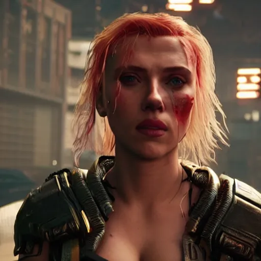 Image similar to bruised scarlett johansson after a bad mission in Cyberpunk 2077. CP2077. 3840 x 2160