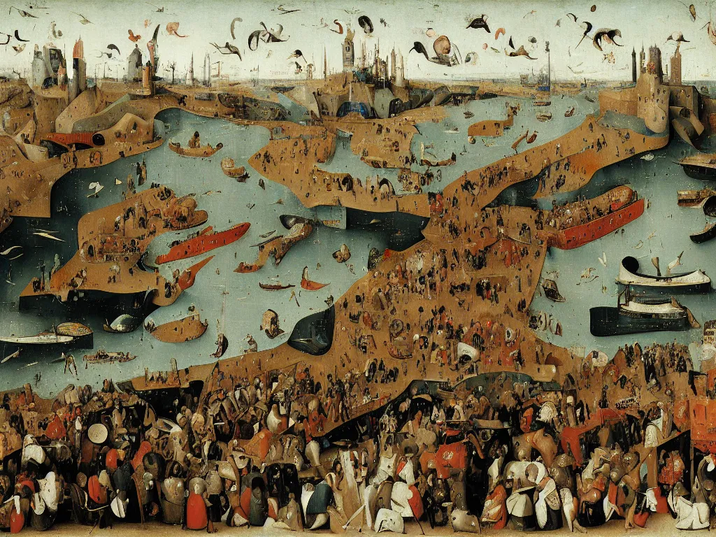 Prompt: lorries stuck in a queue at dover by hieronymus bosch, 4 k