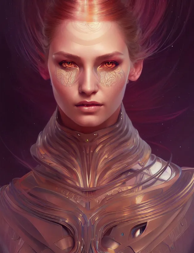 Image similar to futuristic woman portrait, sci-fi, amber eyes, face, long hair, fantasy, intricate, elegant, highly detailed, digital painting, artstation, concept art, smooth, sharp focus, illustration, art by artgerm and greg rutkowski and alphonse mucha