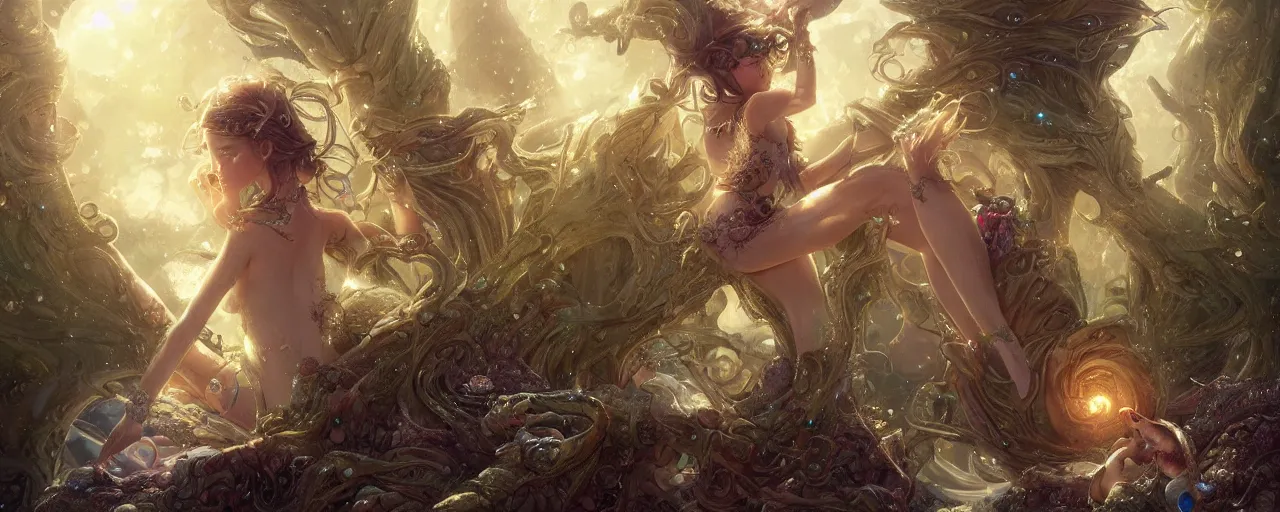 Image similar to a beautiful fairy next to a giant snail with sparkles, D&D, fantasy, intricate, cinematic lighting, highly detailed, digital painting, artstation, concept art, smooth, sharp focus, illustration, art by Terry Moore and Greg Rutkowski