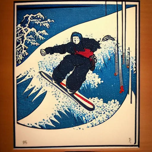 Image similar to man snowboarding woodblock print, style of hokusai, fine art, style of kanagawa, painting