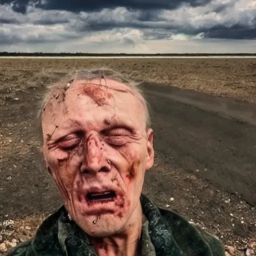 Prompt: last selfie of last alive funny scared ukrainian very damaged body to bones, bleeding crawling from nuclear explosion, big nuclear explosion at background, end of the life close