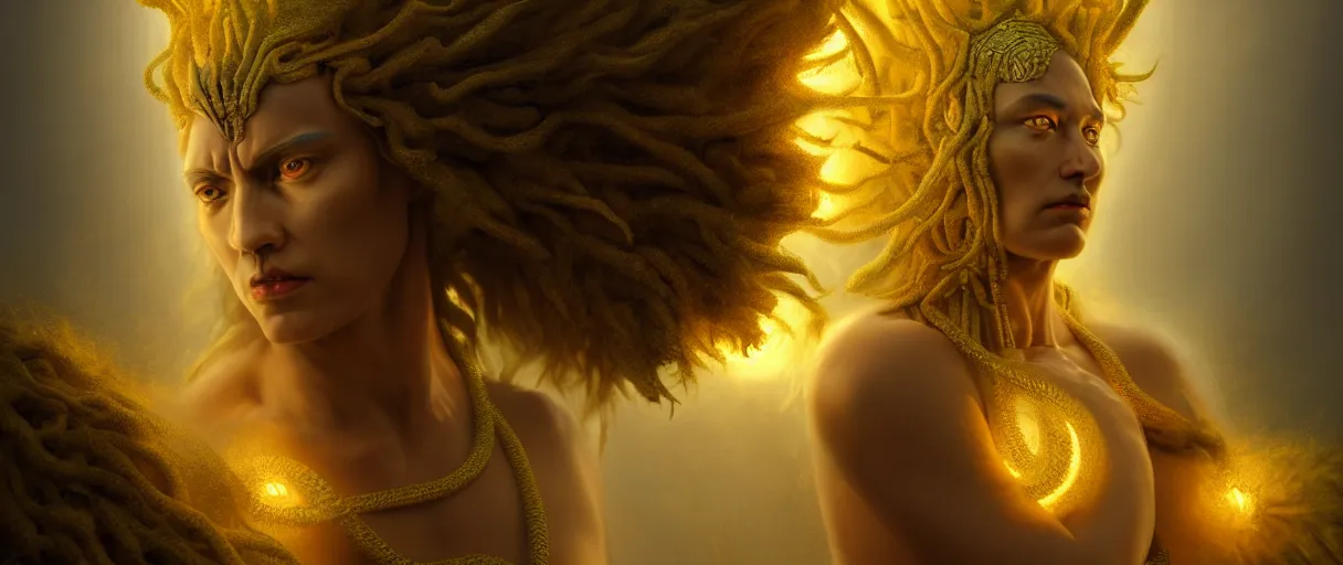 Image similar to hyperrealist highly detailed neo-baroque god as an angry amazon woman crushing earth into pieces concept art pascal blanche key sage dramatic yellow lighting 8k wide angle shallow depth of field