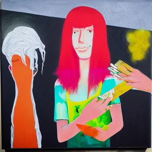 Image similar to “tall queer woman with long pink hair and a tall emo girl feeding Australian $50 notes to a weedy pig, capitalism, acrylic and spray paint and oilstick on canvas, neoexpressionism”