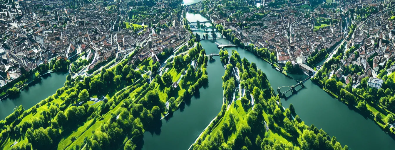 Prompt: Photo of Zurich, looking down the river at the lake and the alps, Hardturm, Grossmünster, wide angle, trees, volumetric light, hyperdetailed, green water, artstation, cgsociety, 8k