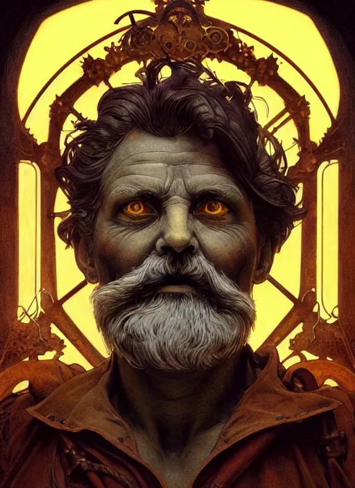 Image similar to the god hephaestus, old man, ash hair, glowing eyes, volumetric lights, yellow and red scheme, art nouveau botanicals, gothic, intricate, highly detailed, digital painting, artstation, concept art, smooth, sharp focus, symmetric face, illustration, steampunk, art by artgerm and greg rutkowski and alphonse mucha